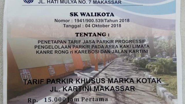 Tarif Parkir di Jalan R.A Kartini Kota Makassar berdasarkam SK Wali Kota Makassar.