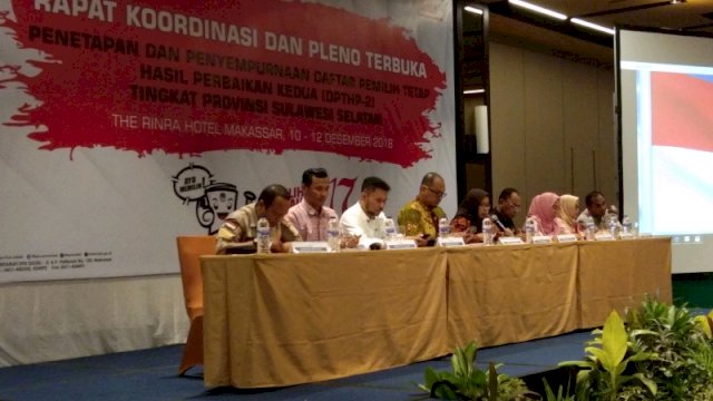 Rapat Koordinasi dan Pleno terbuka penetapan dan penyempurnaan daftar pemilih tetap hasip perbaikan kedua, tingkat Provinsi Sulawesi Selatan, di Hotel Four Points by Sheraton, Jl. Andi Jemma (landak baru) Makassar, Rabu (12/12/2018).