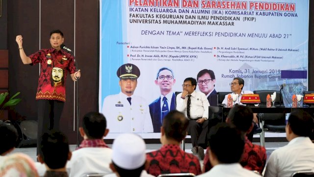 Bupati Gowa Membuka Pelantikan dan Sarasehan Pendidikan IKA Fakultas Keguruan dan Ilmu Pendidikan Unismuh Makassar Komisariat Gowa, di Baruga Tinggimae, Rujab Bupati Gowa, Kamis (31/01/2019).