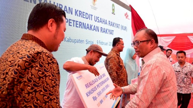 Penjabat Sekretsris Daerah Pemprov Sulsel, Ashari F Radjamilo menyerahkan Kredit Usaha Rakyar untuk para peternak yang ada di Kabupaten Sinjai, Sabtu (09/02/2019).