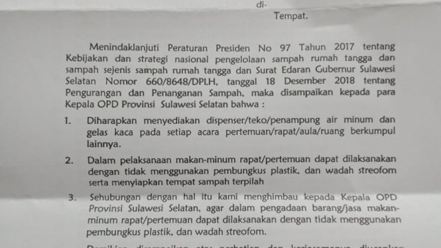 Surat edaran Pemerintah Provinsi Sulawesi Selatan kepada OPD untuk tidak menggunakan sampah plastik.