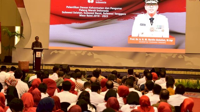 Gubernur Sulsel Nurdin Abdullah, memberikan sambutan pada Pelantikan Pengurus PMI Sulsel, Sulbar dan Sultra, di Hotel Claro Makassar, Minggu (24/02/2019).