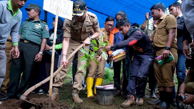 Bupati Gowa, Adnan Purichta Ichsan menanam pohon secara simbolis di Hutan Pinus Lembanna Malino, Senin (04/03/2019).