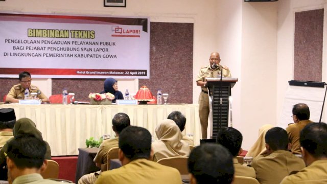Bimbingan Teknis Pengelolaan Pengaduan Pelayanan Publik Bagi Pejabat Penghubung SP4N Lapor, Lingkungan Pemerintah Kabupaten Gowa, Senin (22/04/2019).