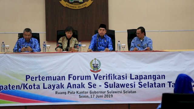 Forum Verifikasi Lapangan Evaluasi Kabupaten Kota Layak Anak se Sulawesi Selatan, di Ruang Pola Kantor Gubernur Sulsel, Senin (17/06/2019).