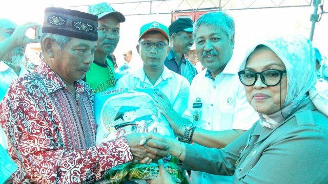Penyerahan bantuan bibit pertanian oleh Kepala Dinas Ketahanan Pangan TPH Fitriani Sanusi, kepada Petani yang disaksi Bupati Pinrang, Andi Irwan Hamid, Rabu (26/06/2019).