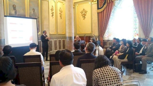 Gubernur Sulsel Prof. Nurdin Abdullah, memaparkan potensi Sulawesi Selatan pada rangkaian G20 Osaka Summit 2019, Jepang, Kamis (27/06/2019).