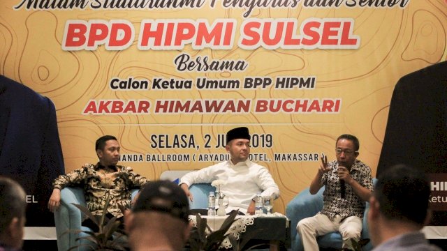 Silaturahmi Calon Ketua Umum BPP Hipmi Akbar Himawan Buchari (AHB) beraama pengurus dan Senior BPD Hipmi Sulsel, Selasa (02/07/2019).
