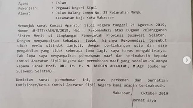 Surat Permohonan Maaf Dr. Jumras kepada Gubernur Sulsel Prof. Nurdin Abdullah.