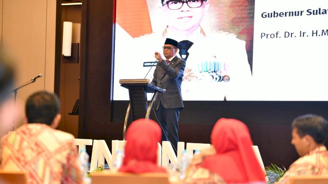 Gubernur Sulsel Prof. Nurdin Abdullah memberikan sambutan pada penutupan HKG dan Rakorda TP PKK Sulsel ke-47, di Four Point By Sheraton Makassar, Selasa (03/12/2019).