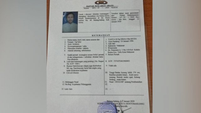 Polres Gowa Resmi Terbitkan DPO Dalam kasus Penemuan Mayat di Bontomarannu