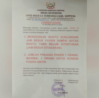 Cegah Penyebaran Virus Corona, Tidak Ada Jam Besuk di RSUD La Temmamala Soppeng