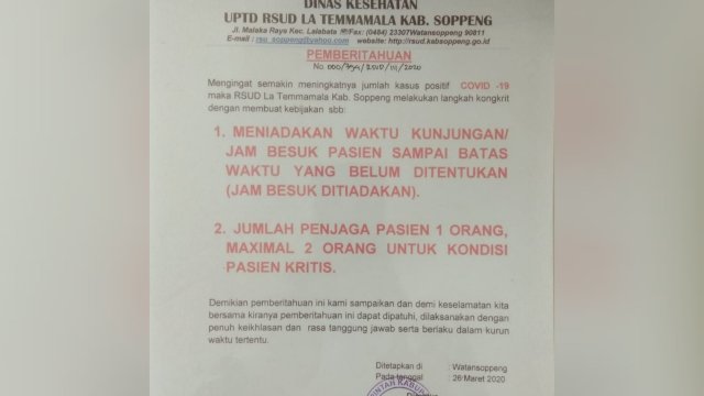 Cegah Penyebaran Virus Corona, Tidak Ada Jam Besuk di RSUD La Temmamala Soppeng