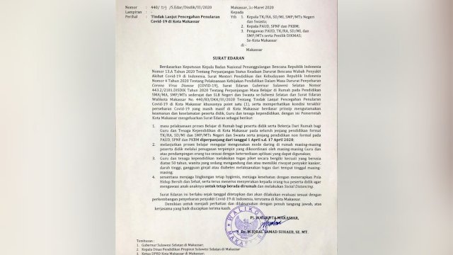 Surat Edaran Pj Wali Kota Makassar tentang perpanjangan masa Sekolah Jarak Jauh.