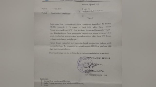 Camat Masteng Tolak Penangguhan Penguduran Diri Arifin Samari Sebagai Ketua BPD Morikana