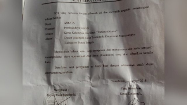 Surat pernyataan kesanggupan kelompok nelayan tambak untuk menaggulangi biaya operasional pengelolaan exavator bantuan Kementrian Kelautan dan Perikanan.