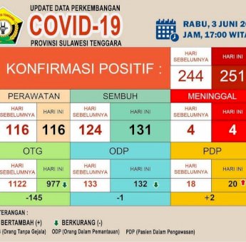 Update Virus Corona Sultra 3 Juni: 251 Kasus Positif, 131 Sembuh