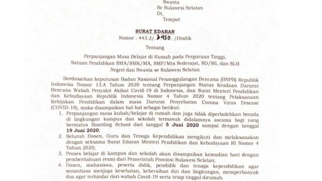 Surat Edaran Gubernur Sulsel tentang perpanjangan masa belajar di Rumah.