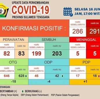 Update Covid-19 Sultra 16 Juni 2020: Kasus Positif Bertambah 5 dan Kasus Sembuh Bertambah 4