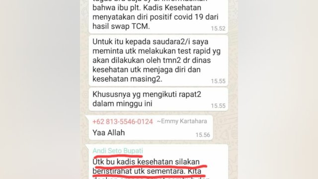 Percakapan diduga Bupati Sinjai Andi Seto, di salah satu Group Pemerintahan Kabupaten Sinjai, Kamis (25/06/2020).