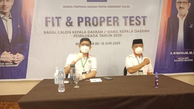 Bakal Calon Bupati dan Wakil Bupati Gowa (Incumbent) Adnan Purichta Ichsan dan Abdul Rauf Malaganni (Adnan-Kio), mengikuti Fit And Propertes di DPD Demokrat Sulsel, Minggu (07/06/2020).
