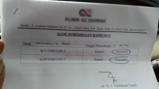 Surat Keterangan Bebas Covid-19 yang dikeluarkan oleh salah satu klinik kesehatan di Kabupaten Sinjai yang dibayar seharga Rp.200.000, Senin (13/07/2020).