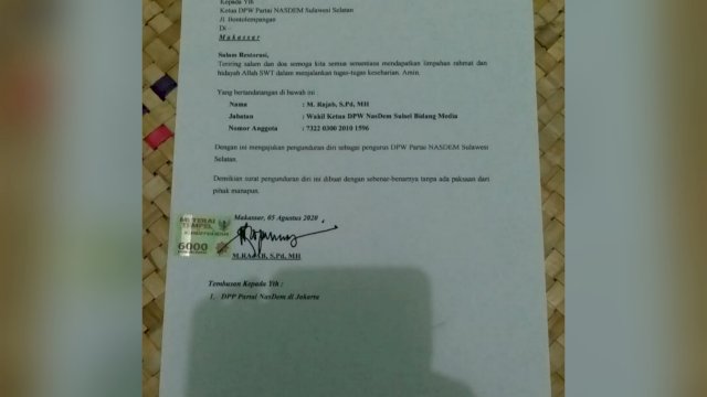 Surat pengunduran diri M Rajab sebagai Kader Partai Nasdem.