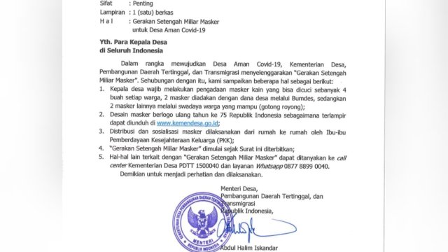 Surat Edaran Menteri Desa untuk "Gerakan Setengah Miliar Masker".