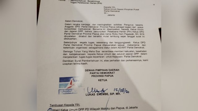 Ketua Demokrat Papua Kembali Aktif, Jabatan Ketua Pelaksana Harian Ditiadakan
