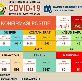 Update Covid-19 Sultra 1 Oktober 2020: Kasus Positif 2.906, Sembuh 1.947 dan Meninggal 61