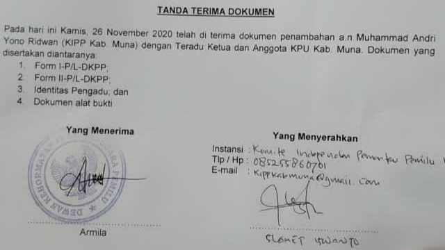 Tanda terima laporan KIPP Muna ke DKPP. Foto: istimewa