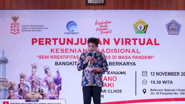Kadis Kominfo Sultra Ridwan Badallah saat memberi sambutan dalam acara Kampanye Kesehatan Pulih Ekonomi Bangkit. Foto: istimewa 