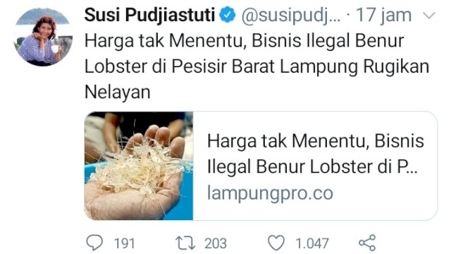 Susi Pudjiastuti dalam akun Tweeternya.