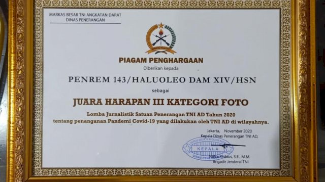 Piagam penghargaan yang diberikan kepada Panrem 143/Haluoleo Dam XIV/Hsn