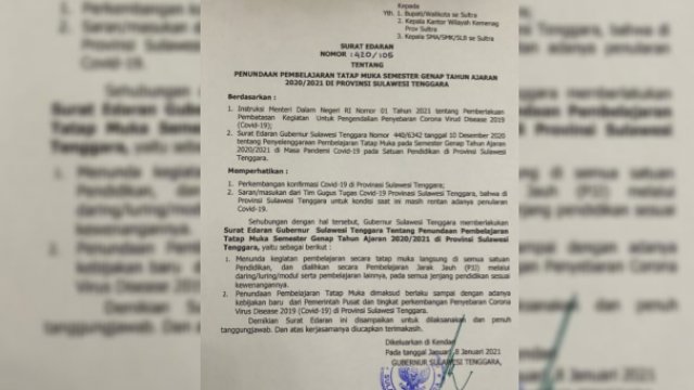 Surat Edaran Gubernur Sultra Nomor 420/105 tentang Penundaan Pembelajaran Tatap Muka Semester Genap Tahun Ajaran 2020/2021 di Provinsi Sulawesi Tenggara. Foto: istimewa