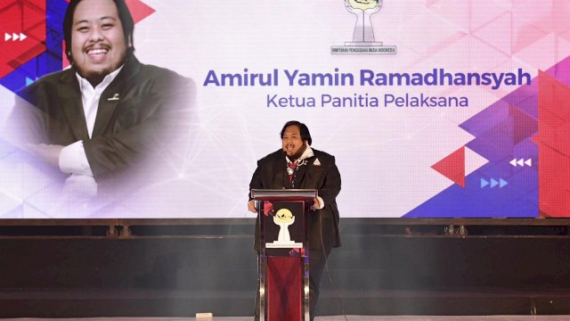 Ketua Panitia Pelantikan BPD Hipmi Sulsel Amirul Yamin Ramadhansyah, memberikan sambutan saat Pelantikan Hipmi Sulsel, di Four Point By Sheraton Makassar, Jumat (12/03/2021) malam.