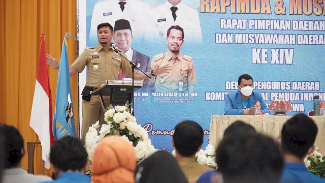 Bupati Gowa, Adnan Purichta Ichsan saat membuka Rapat Pimpinan Daerah (Rapimda) dan Musyawarah Daerah (Musda) Komite Nasional Pemuda Indonesia (KNPI) Kabupaten Gowa ke - XIV di Gedung De'Bollo Sungguminasa, Senin (15/03/2021). (Istimewa)