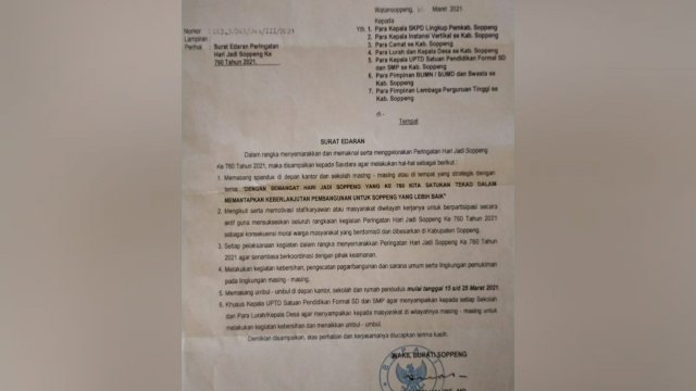 Surat Edaran Pemkab Soppeng yang Ditandatangani Wakil Bupati Soppeng, Luthfi Halide.