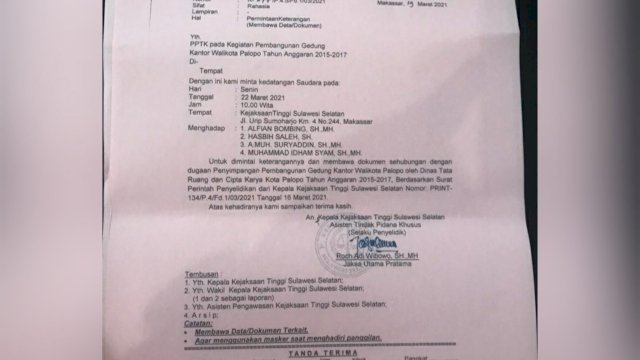 Viral di Sosial Media Surat Kejati Sulsel memanggil PPTK Pembangunan Gedung Wali Kota Palopo.