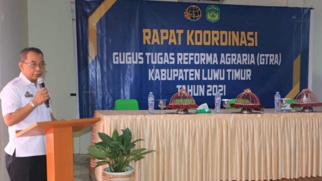 Kementerian Agraria dan Tata Ruang/Badan Pertanahan Nasional (ATR/ BPN) Kabupaten Luwu Timur menggelar Rapat Koordinasi (Rakoor) Gugus Tugas Reforma Agraria (GTRA) di Hotel I Lagaligo, Puncak Indah Malili, Rabu (31/03/2021).