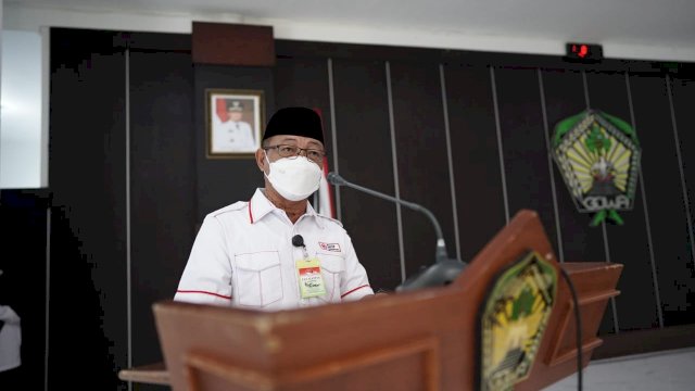 Ketua PMI Kabupaten Gowa Abd. Rauf Malaganni pada Musyawarah Kerja PMI Kabupaten Gowa, di Baruga Tinggimae Rumah Jabatan Bupati Gowa, Senin (12/04/2021). (Istimewa)