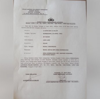 Jika Lambat Ditangani, Laporan Dugaan Penghinaan yang Dilakukan Kades Kombikuno Terhadap Anggota BPD akan Dibawa ke Polda Sultra