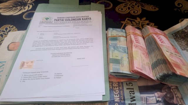 Surat pernyataan dukungan dan sejumlah Uang Tunai Puluhan Juta Rupiah dugaan Suap Jelang Musda DPD II Golkar Kota Palopo.