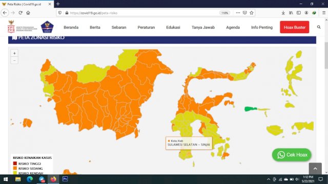 Peta Zonasi Resiko pertanggal 21 Mei 2021, dimana kabupaten Sinjai kembali ke zona orange.