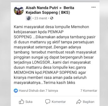 Melalui Media Sosial, Masyarakat Soppeng Protes Aktivitas Tambang Pasir di Desa Lompulle