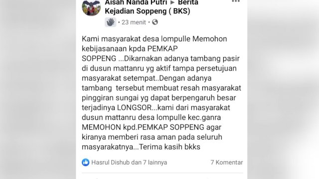 Melalui Media Sosial, Masyarakat Soppeng Protes Aktivitas Tambang Pasir di Desa Lompulle