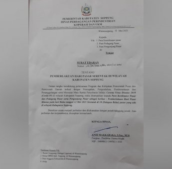 Jelang Idul Fitri 1442 Hijriyah, Pemkab Soppeng Intruksikan Pasar Dibuka Serentak