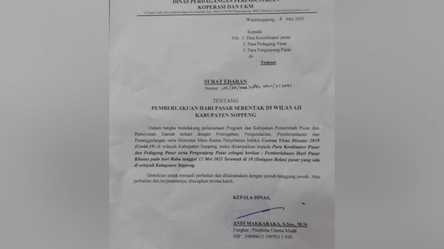 Surat edaran pembukaan pasar serentak di Kabupaten Soppeng Jelang Hari Raya Idul Fitri 1442 Hijriyah.
