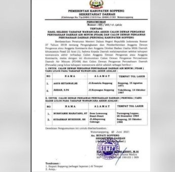 Resmi Diumumkan, Ini Nama Dewan Pengawas PDAM dan Perusda Soppeng
