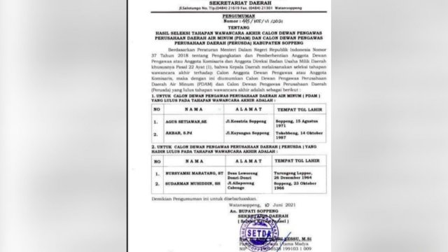 Resmi Diumumkan, Ini Nama Dewan Pengawas PDAM dan Perusda Soppeng